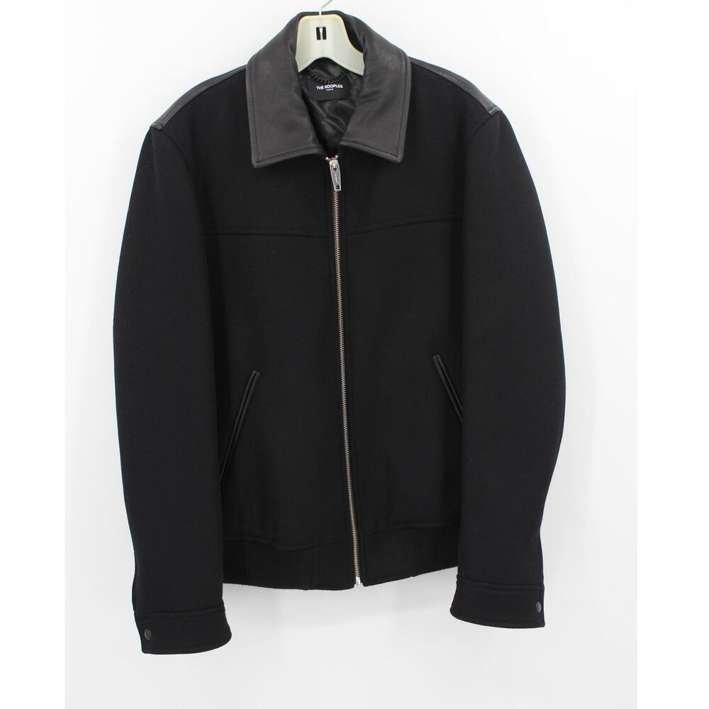 The Kooples Mens Wool Bomber Jacket Lambskin Leather Trim Size Medium NEW Black
